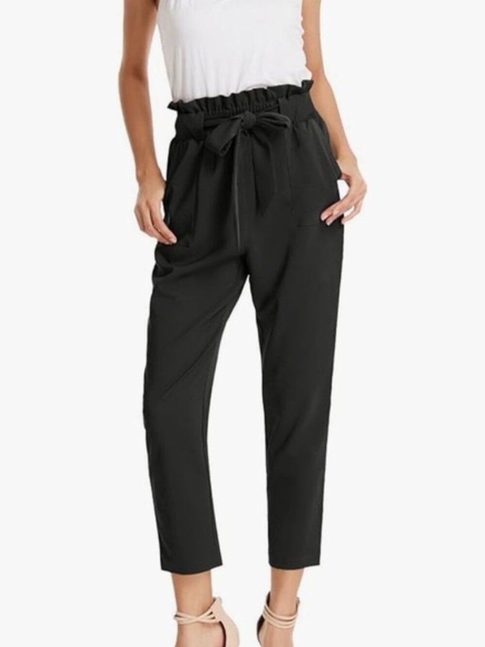 NWT Grace Karin Black Paperbag Waist Straight Leg Pants with Tie size M